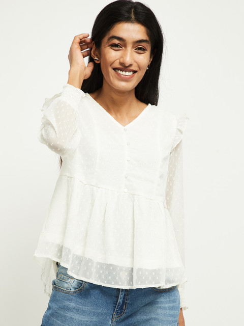 

max Women Cream-Coloured Self Design Bardot Top