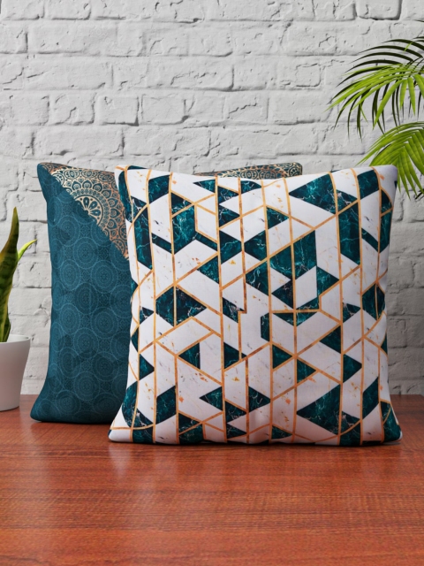 

SHIVANAA HOMES Set of 2 Teal Green & Off-White Geometric Square Cushion Covers