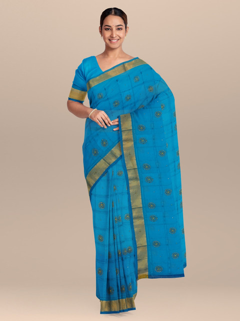 

KLM Fashion Mall Blue Embroidered Silk Blend Saree