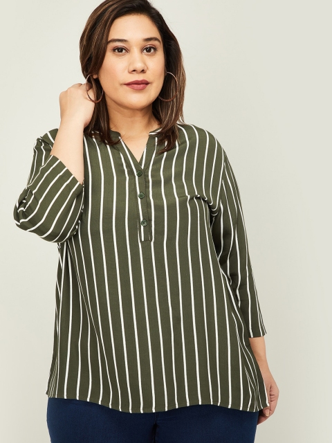 

nexus Olive Green & White Striped Mandarin Collar Top