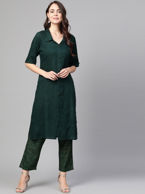 

Myshka Women Green Solid Kurta with Trousers