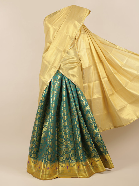 

Pothys Cream-Coloured & Green Tissue Woven Design Lehenga Half Saree