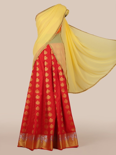 

Pothys Yellow & Red Poly Chiffon Solid Lehenga Half Saree