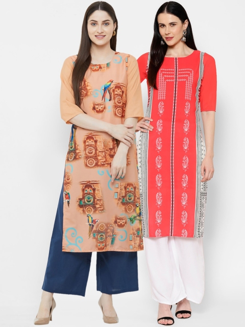 

7Threads Women's Crepe Multi Color Digital Print Straight Kurta Pack Of 2