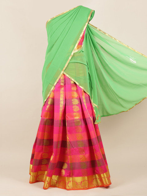 

Pothys Green & Pink Poly Chiffon Woven Design Half Saree
