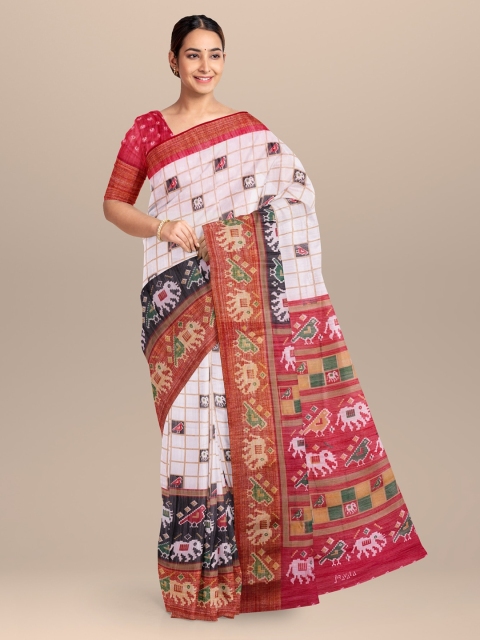 

KLM Fashion Mall White & Brown Linen Blend Checked Saree