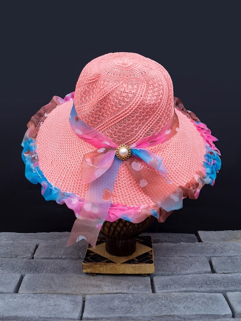 

Golden Peacock Women Pink & Blue Woven Design Straw Sun Hat