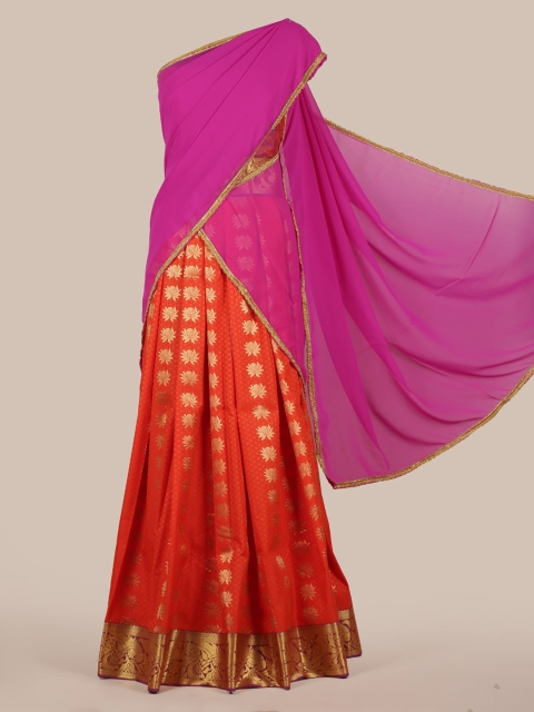 

Pothys Pink & Orange Poly Chiffon Solid Lehenga Half Saree