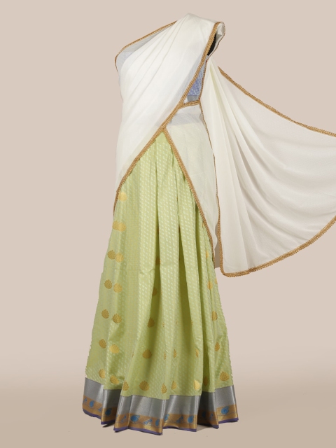 Pothys White & Green Poly Chiffon Woven Design Half Saree