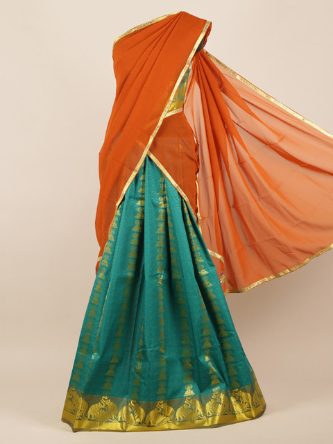 

Pothys Rust Orange & Green Tissue Woven Design Half Saree