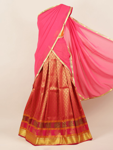 

Pothys Pink & Maroon Poly Chiffon Woven Design Half Saree