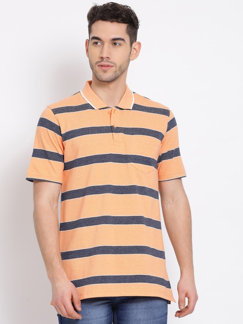 

COBB Men Peach-Coloured & Blue Striped Polo Collar T-shirt