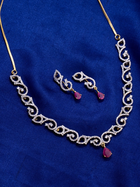Voylla Gold Plated Pink & Silver-Toned CZ Studded Jewellery Set