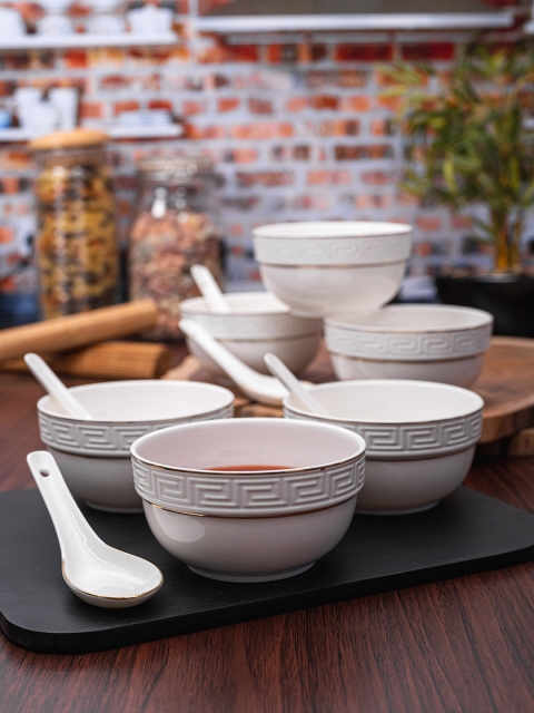 

Roxx Set Of 6 White & 24K Gold-Toned Embossed Porcelain Serving Bowls With Spoons