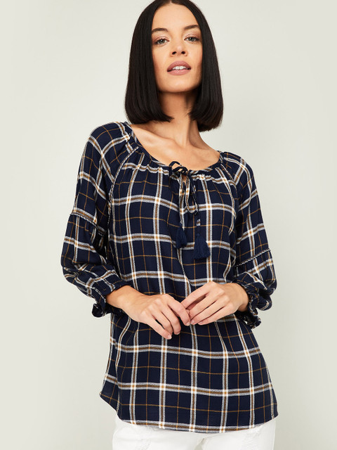 

Fame Forever by Lifestyle Women Navy Blue & Brown Checked Tie-Up Neck Top