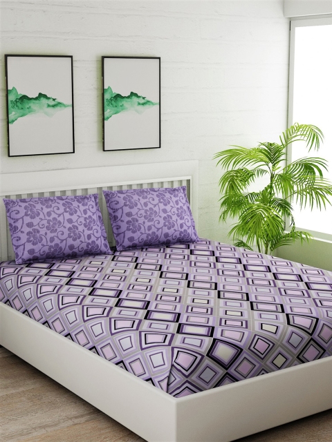 

Salona Bichona Purple & Black Geometric 144 TC Cotton 1 Queen Bedsheet with 2 Pillow Covers