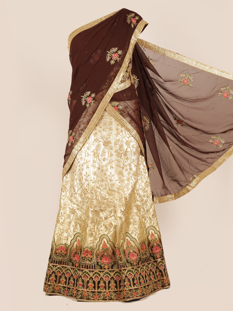 

Pothys Brown & Beige Poly Chiffon Embroidered Half Saree