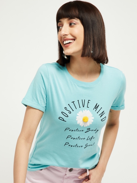 

max Women Blue Printed Round Neck Cotton T-shirt