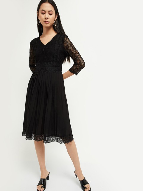 

max Women Black Self Design Fit and Flare Dress