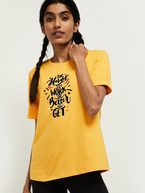 

max Women Mustard Yellow Printed Round Neck T-shirt