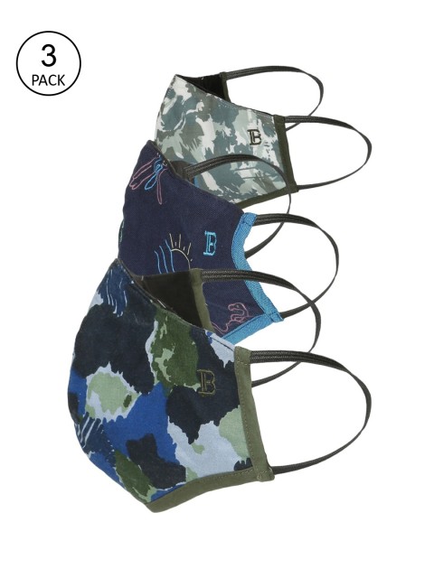 

Bene Kleed Pack Of 3 Printed 5-Ply Reusable Anti-Bacterial Protective Outdoor Masks, Blue