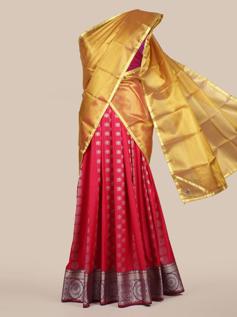 

Pothys Gold-Toned & Pink Tissue Solid Lehenga Half Saree