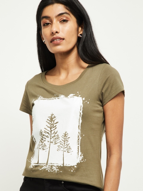 

max Women Green & White Printed Round Neck T-shirt