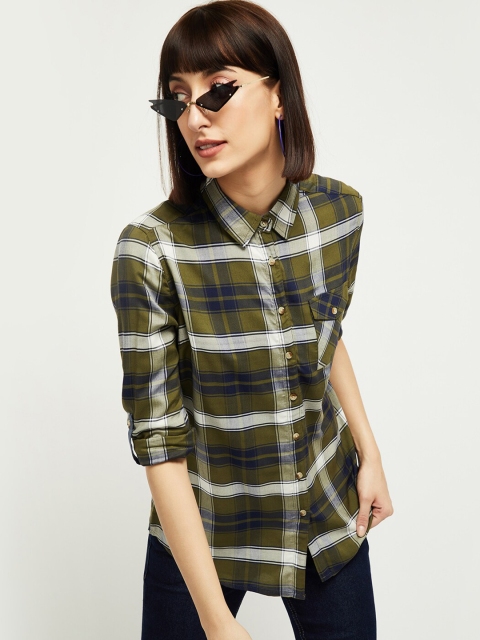 

max Women Green Regular Fit Checked Casual Shirt