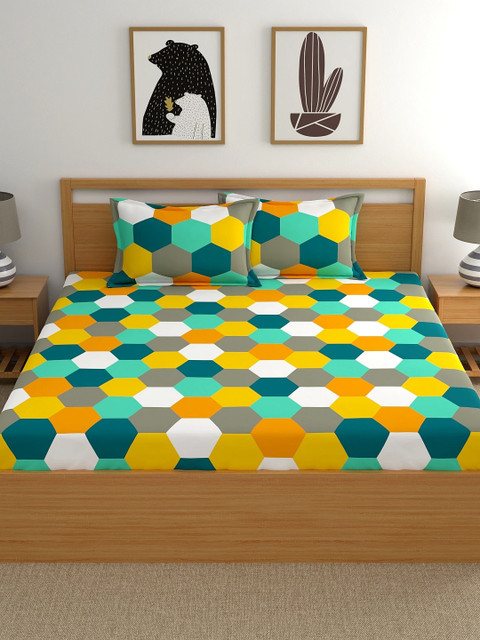 

Dreamscape Yellow & Green Geometric 144 TC Cotton 1 Queen Bedsheet with 2 Pillow Covers