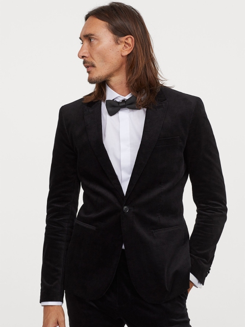 

H&M Men Black Solid Velvet Jacket Skinny Fit