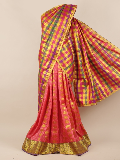

Pothys Red & Gold-Toned Tissue Checked Half Saree