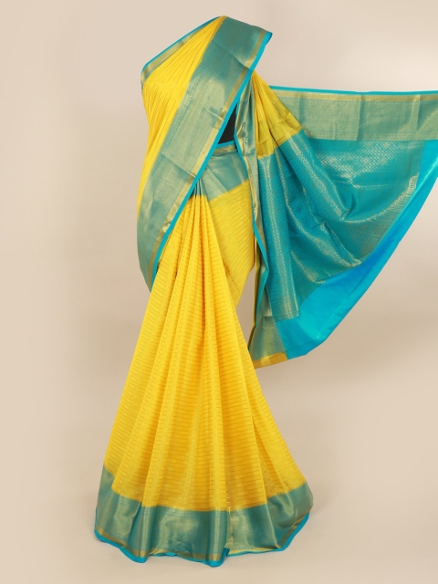 

Pothys Yellow & Blue Pure Silk Solid Mysore Silk Saree