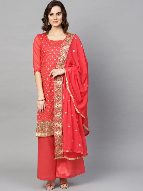 

Ishin Coral & Gold-Toned Cotton Blend Unstitched Dress Material with Chiffon Dupatta