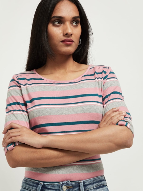 

max Women Pink Striped Round Neck T-shirt