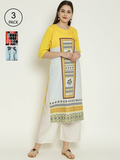 

7Threads Pack Of 3 Geometric Printed Crepe Kurtas, Yellow