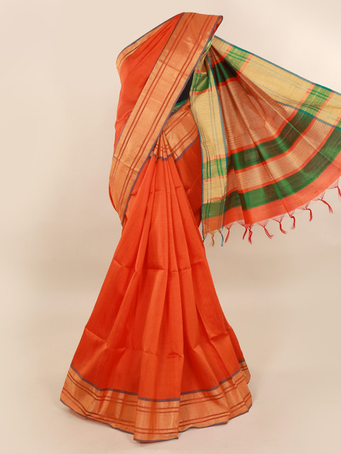 

Pothys Orange & Green Jute Silk Solid Saree