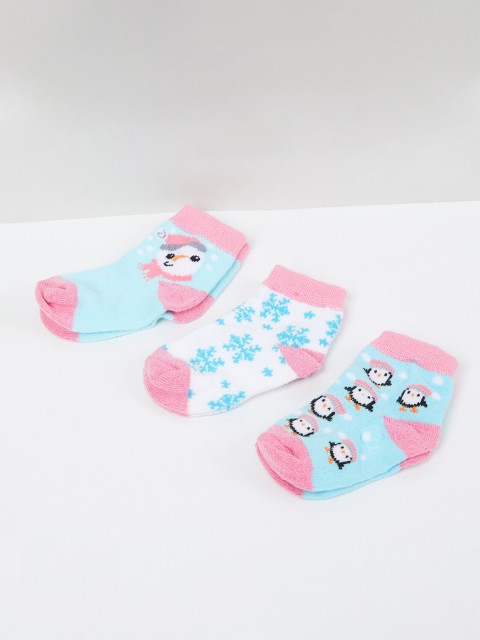 

max Infant Girls Pack Of 3 White & Turquoise Blue Patterned Ankle-Length Socks