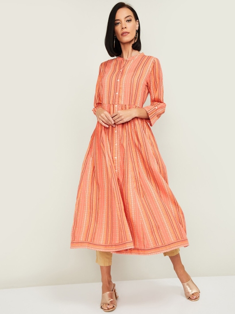 

Melange by Lifestyle Women Peach-Coloured & Yellow Striped A-Line Kurta