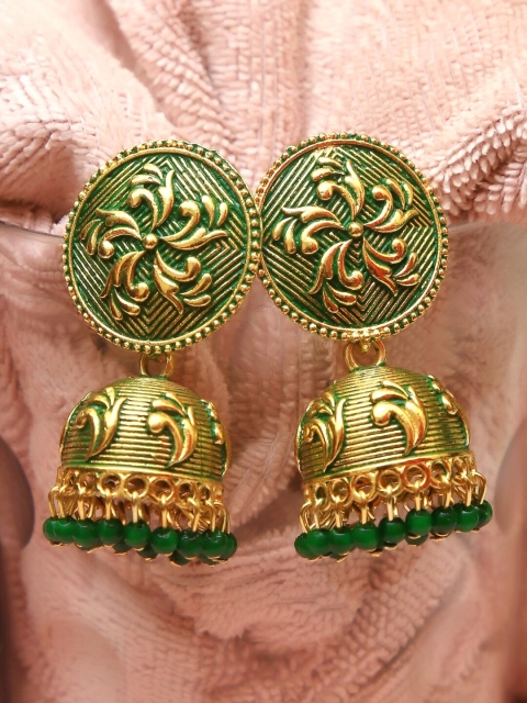 

Crunchy Fashion Gold-Toned & Green Contemporary Jhumkas