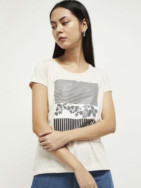 

max Women Cream-Coloured Printed Round Neck T-shirt