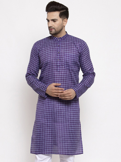 

Jompers Men Purple Checked Straight Kurta