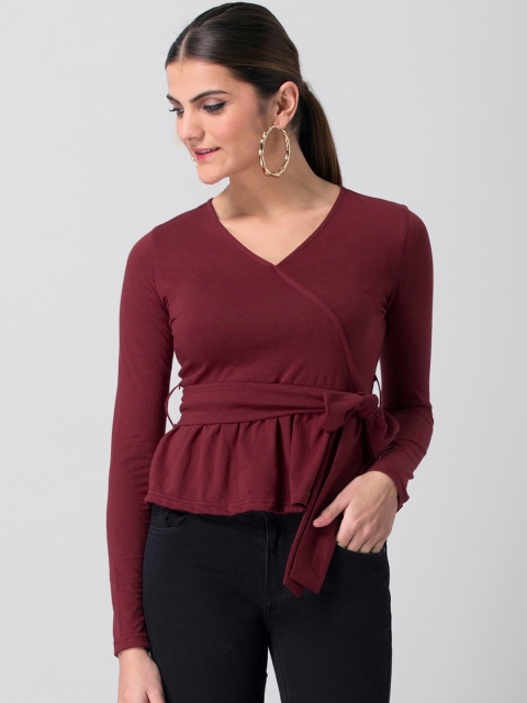 

FabAlley Women Maroon Solid Wrap Top