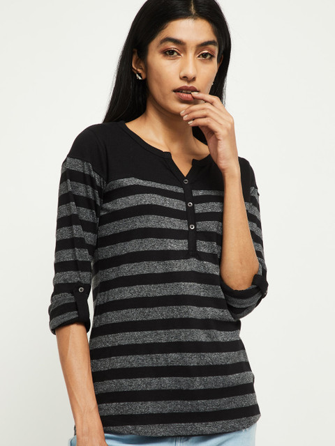 

max Women Charcoal Grey Striped Round Neck T-shirt