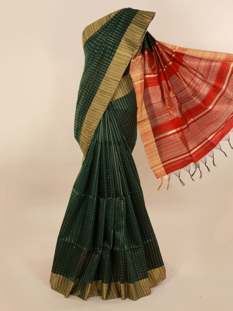 

Pothys Green Checked Jute Silk Saree