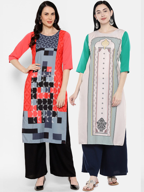 

7Threads Women Multicoloured Printed Straight Kurta Pack of 2, Multi