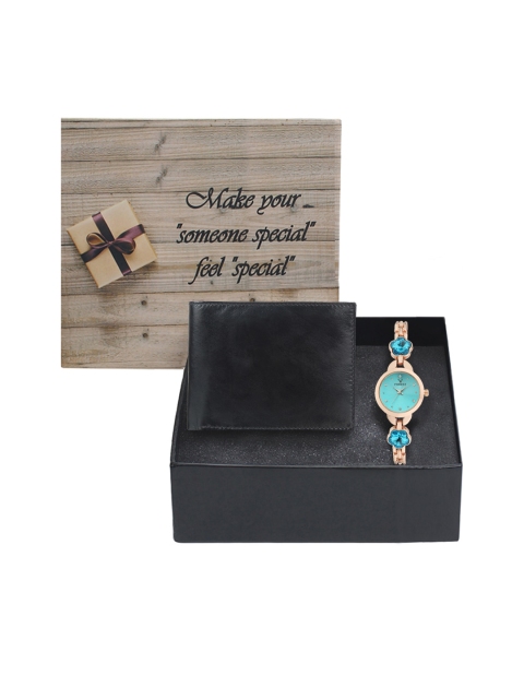 

Hobforestessentials Women Rose Gold-Toned & Turquoise Blue Watch Gift Set