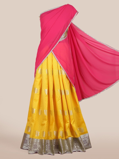 

Pothys Pink & Yellow Poly Chiffon Woven Design Traditional Half Saree