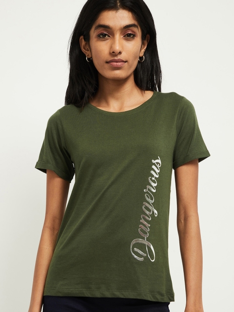 

max Women Olive Green Printed Round Neck Cotton T-shirt