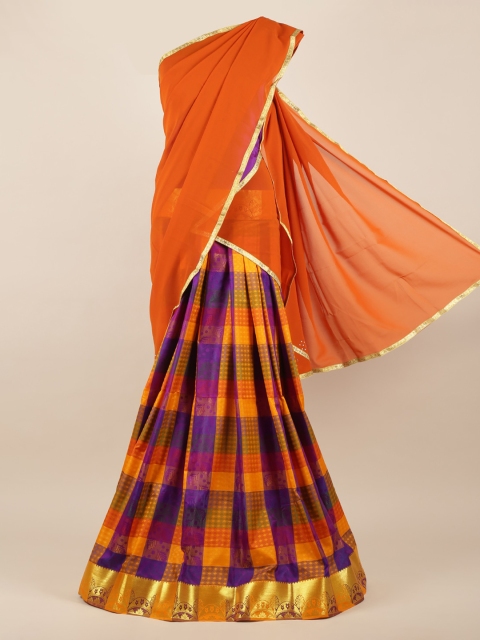 

Pothys Orange & Blue Poly Chiffon Checked Half Saree