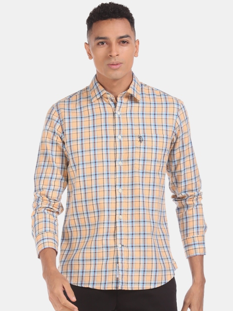 

U.S. Polo Assn. Men Peach-Coloured & Blue Regular Fit Checked Cotton Casual Shirt